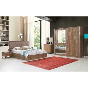 Dormitor Modern Gaziantep - Nuc - Dulap 2 usi Glisante, Pat 160x200, Comoda cu Oglinda, 2 Noptiere